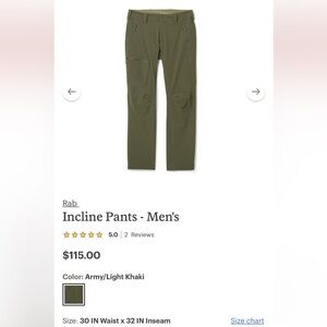 Rab Incline Pants Men’s 30/32 Olive NWOT